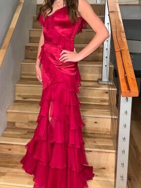 Sherri Hill Berry Satin Chiffon Ruffle Long Dress Prom Bridesmaid 6